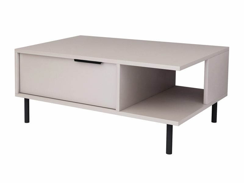 Couchtisch Cala 90cm in Kaschmir Matt mit Klappe und Ablagefach, Ansicht schräg.