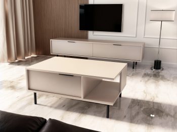Couchtisch Cala 90cm Kaschmir Matt im modernen Wohnzimmer mit TV-Lowboard.
