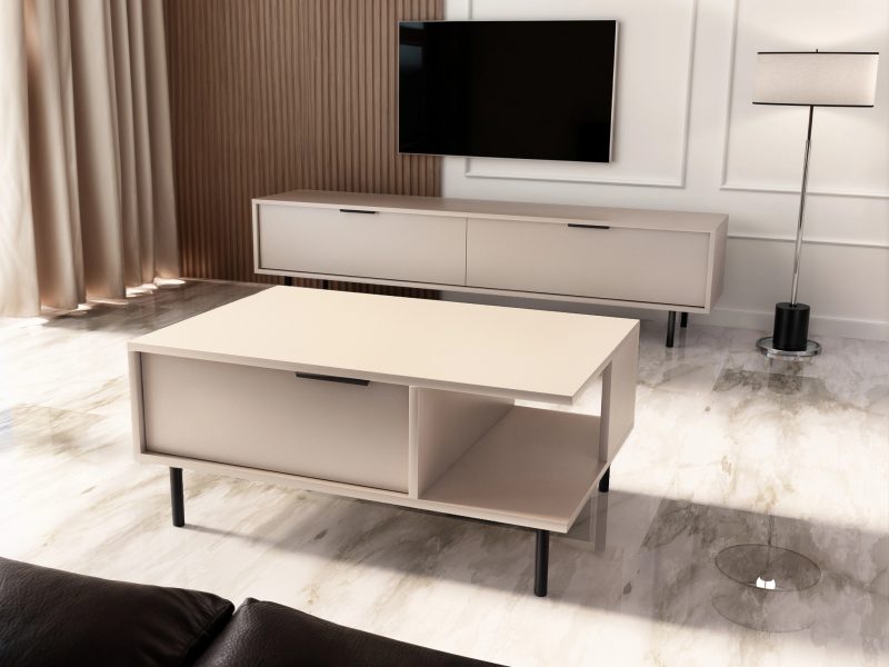 Couchtisch Cala 90cm Kaschmir Matt im modernen Wohnzimmer mit TV-Lowboard.