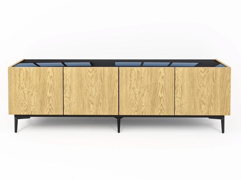 Modernes TV-Lowboard Pari 180cm Eiche Natur Dune mit schwarzer Hochglanz-Abdeckung, frontale Ansicht