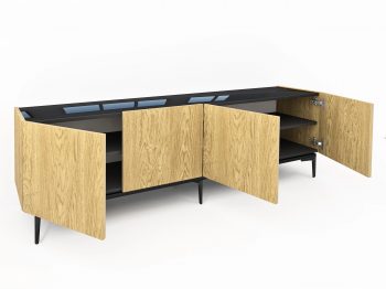 TV-Lowboard Pari mit geöffneten Türen und sichtbaren Ablagefächern