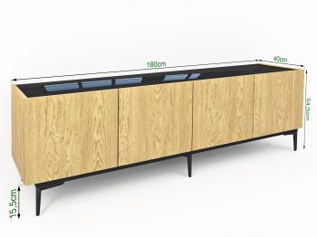 TV-Lowboard Pari 180cm mit Maßangaben, Eiche Natur Dune und schwarze Hochglanzplatte