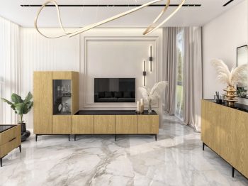 Wohnwand mit TV-Lowboard, Vitrine und Kommode Pari in Eiche Natur Dune mit schwarzer Abdeckung