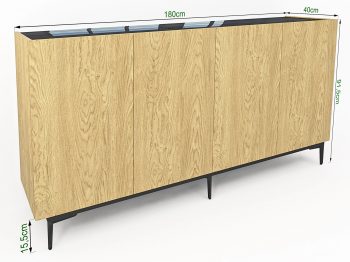 Kommode Pari 180cm mit Maßangaben, Eiche Natur Dune und schwarze Hochglanzplatte