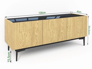 TV-Lowboard Pari 135cm mit Maßangaben, Eiche Natur Dune und schwarze Hochglanzplatte