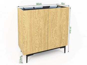 Kommode Pari 90cm mit Maßangaben, Eiche Natur Dune und schwarze Hochglanz-Abdeckung