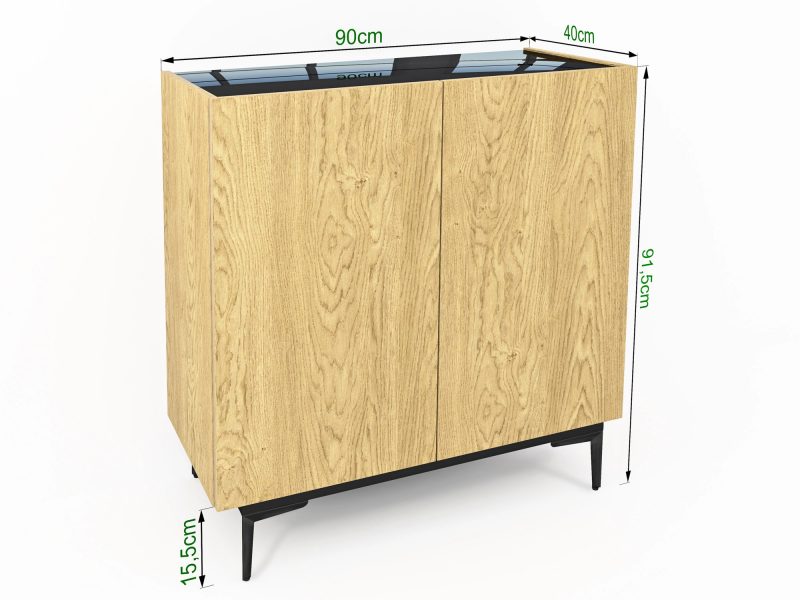 Kommode Pari 90cm mit Maßangaben, Eiche Natur Dune und schwarze Hochglanz-Abdeckung