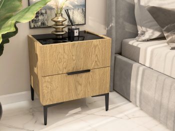 Nachttisch Pari 45cm neben dem Bett im Schlafzimmer, dekoriert mit Vase und Accessoires