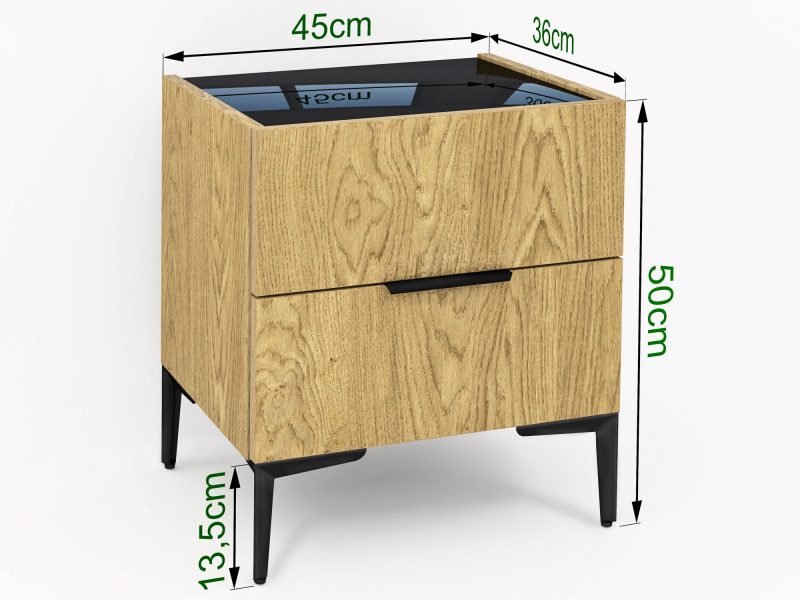 Nachttisch Pari 45cm mit Maßangaben, Eiche Natur Dune und schwarze Hochglanz-Abdeckung