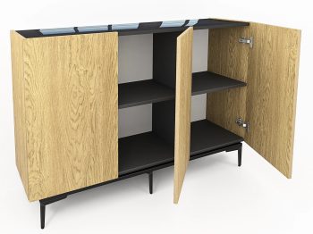 Geöffnete Kommode Pari 135cm mit drei Türen und schwarzen Innenfächern