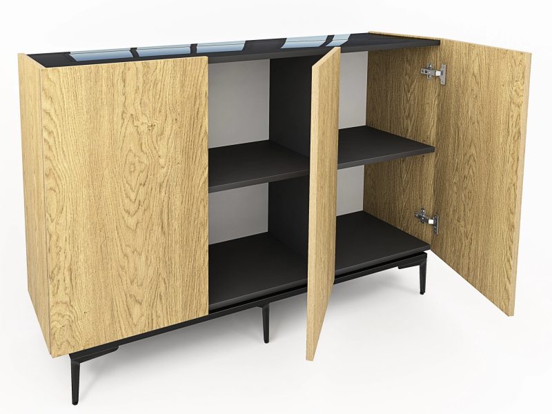 Geöffnete Kommode Pari 135cm mit drei Türen und schwarzen Innenfächern