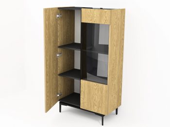 Geöffnete Vitrine Pari 80cm mit Glas- und Holztüren, Innenregale sichtbar