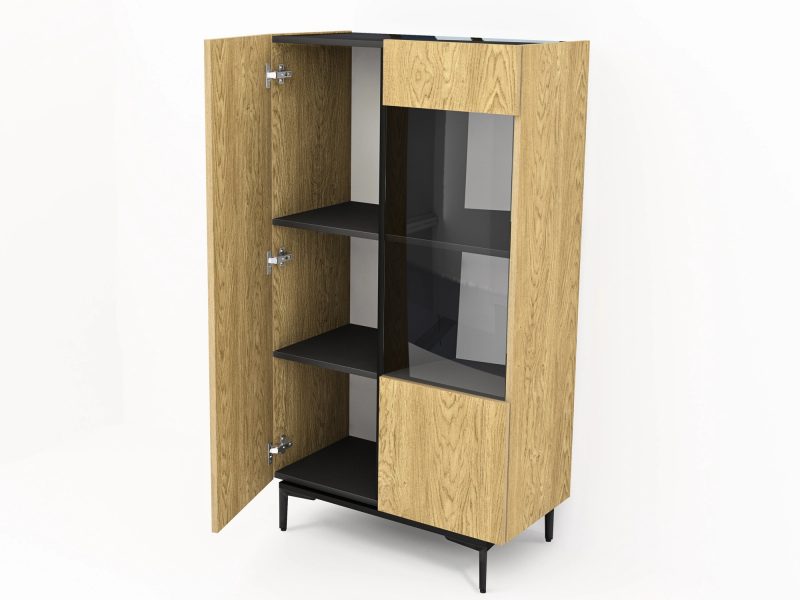 Geöffnete Vitrine Pari 80cm mit Glas- und Holztüren, Innenregale sichtbar