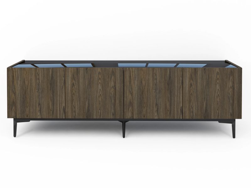 Modernes TV-Lowboard Pari 180cm Eiche Windmill Nature mit schwarzer Hochglanzplatte, Frontansicht