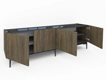 Geöffnetes TV-Lowboard Pari 180cm mit Stauraum und verstellbaren Einlegeböden