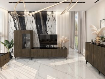 Wohnwand mit TV-Lowboard, Kommode und Vitrine aus der Kollektion Pari in Eiche Windmill Nature