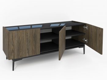 Geöffnetes TV-Lowboard Pari 135cm mit Stauraum und verstellbaren Einlegeböden