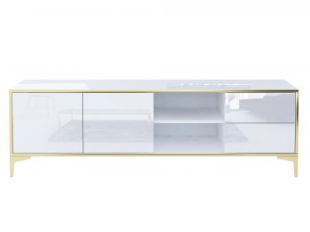 Geöffnetes mittleres Fach des TV-Lowboards Monako mit Einlegeböden, frontal sichtbar