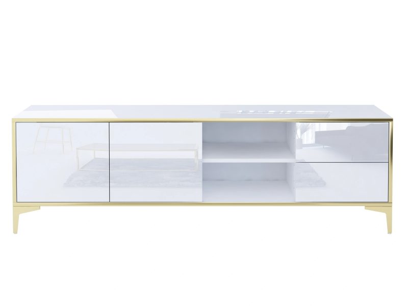 Geöffnetes mittleres Fach des TV-Lowboards Monako mit Einlegeböden, frontal sichtbar