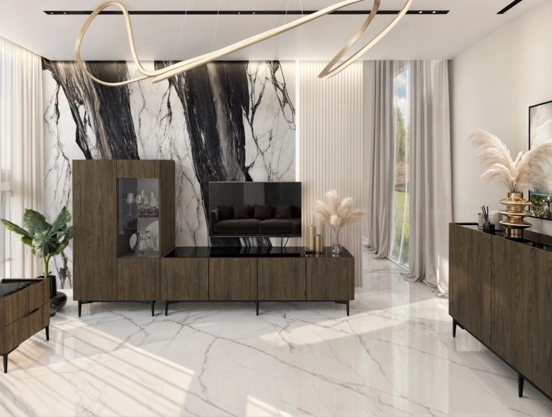 Wohnwand mit Möbeln der Pari-Kollektion inklusive Kommode, Lowboard und Vitrine