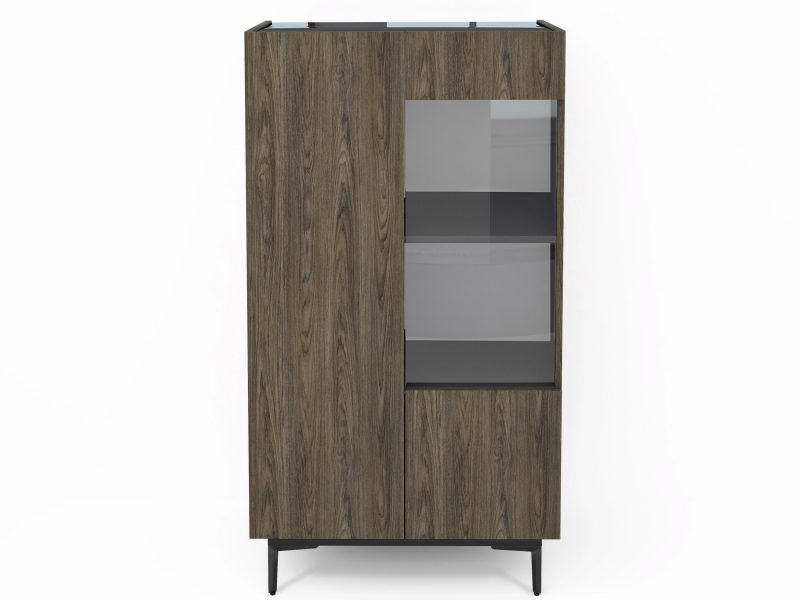 Frontansicht Vitrine Pari 80cm in Eiche Windmill Nature mit Glastür und schwarzer Hochglanzplatte