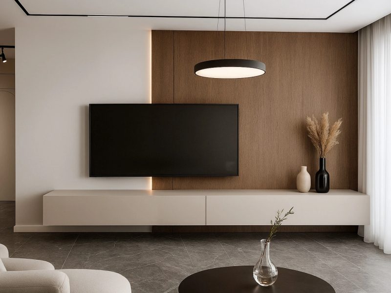 Modernes Wohnzimmer mit TV-Lowboard Galizia 280cm Kaschmir Matt, hängend unter großem Fernseher