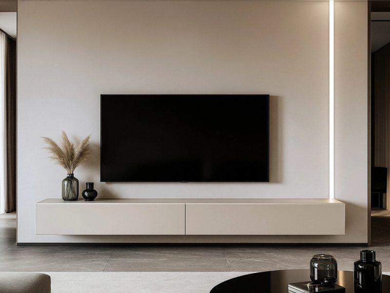 TV-Lowboard Galizia 280cm Kaschmir Matt, elegantes Wohnzimmer mit Holzwand und TV