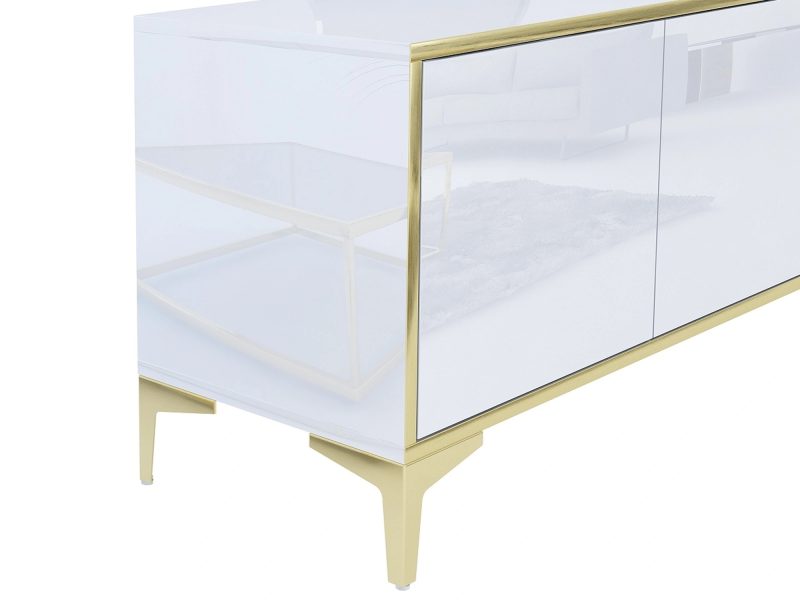 Nahaufnahme der Seitenansicht des TV-Lowboards Monako mit Hochglanzoberfläche und goldenen Kanten