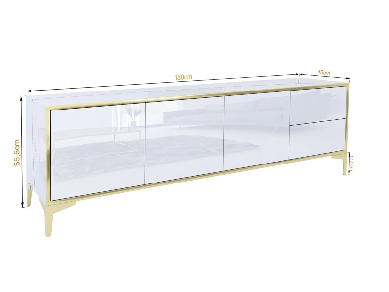 TV-Lowboard Monako mit Maßangaben: 180 cm breit, 55,5 cm hoch, 40 cm tief – Perspektivansicht