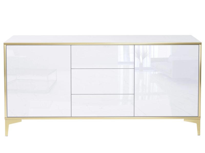 Frontalansicht der Kommode Monako mit drei Schubladen und zwei Türen auf weißem Hintergrund