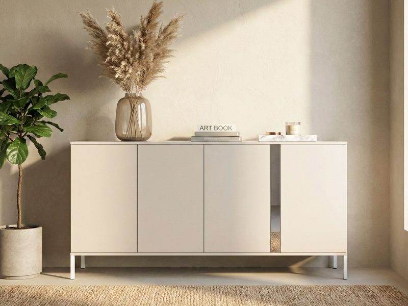 Kommode Galizia 168cm Kaschmir Matt mit Spiegelakzent auf weißen Beinen