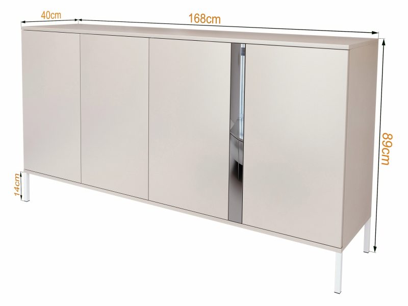 Kommode Galizia 168cm Kaschmir Matt mit Spiegelakzent auf weißen Beinen