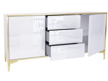 Geöffnete Schubladen und Türen der Kommode Monako mit Einlegeboden sichtbar