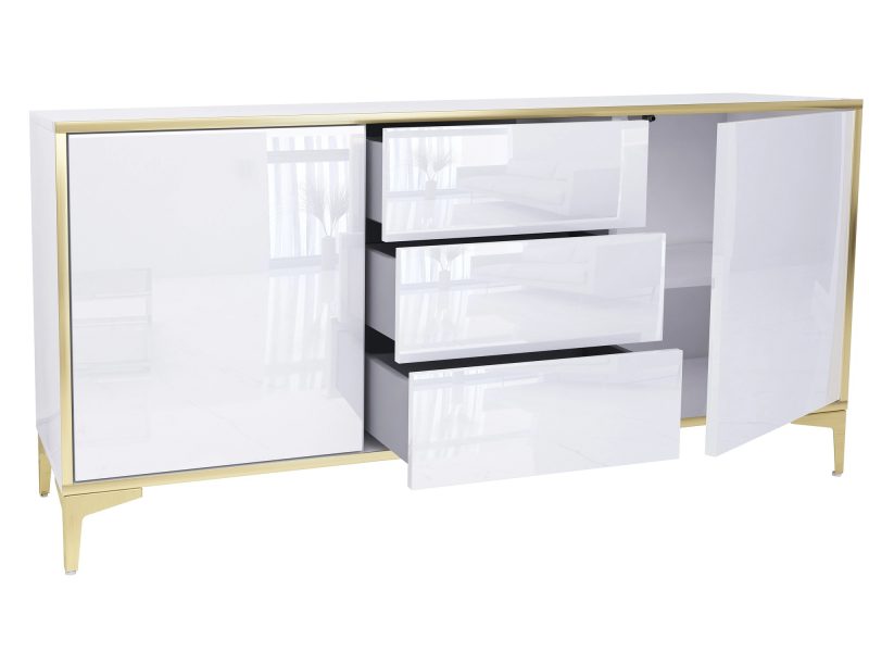 Geöffnete Schubladen und Türen der Kommode Monako mit Einlegeboden sichtbar