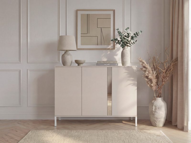 Kommode Galizia 128cm Kaschmir Matt mit 3 Türen und Zierspiegel auf weißen Beinen