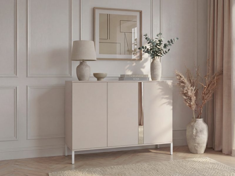Kommode Galizia 128cm Kaschmir Matt mit 3 Türen und Zierspiegel auf weißen Beinen
