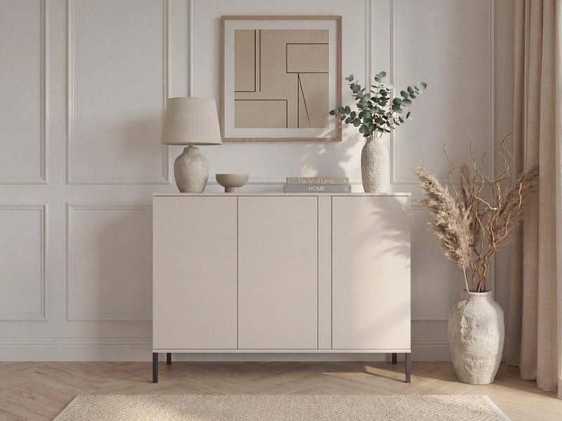 Kommode Galizia 128cm Kaschmir Matt mit 3 Türen auf schwarzen Beinen