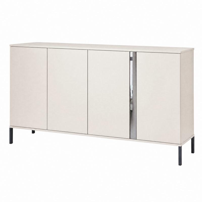 Kommode Galizia 168cm Kaschmir Matt mit 4 Türen und Zierspiegel auf schwarzen Beinen