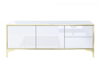 Frontalansicht des TV-Lowboards Monako 136cm auf weißem Hintergrund, modern und glänzend