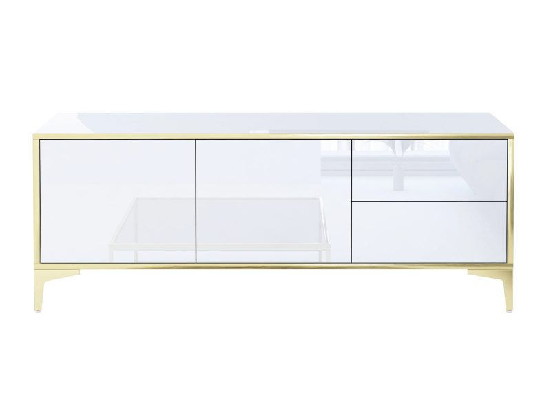 Frontalansicht des TV-Lowboards Monako 136cm auf weißem Hintergrund, modern und glänzend