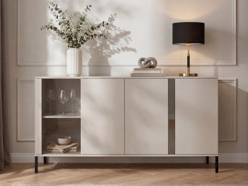 Kommode Galizia 168cm Kaschmir Matt auf schwarzen Beinen mit drei Türen, Vitrine und dekorativem Spiegeleinsatz