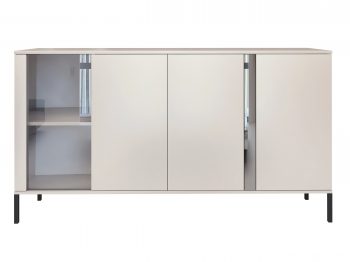 Kommode Galizia 168cm Kaschmir Matt auf schwarzen Beinen mit drei Türen, Vitrine und dekorativem Spiegeleinsatz