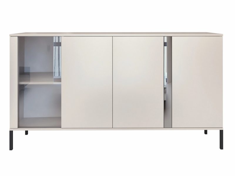 Kommode Galizia 168cm Kaschmir Matt auf schwarzen Beinen mit drei Türen, Vitrine und dekorativem Spiegeleinsatz