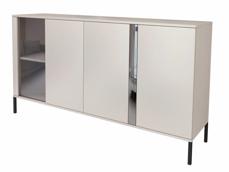 Kommode Galizia 168cm Kaschmir Matt auf schwarzen Beinen mit drei Türen, Vitrine und dekorativem Spiegeleinsatz