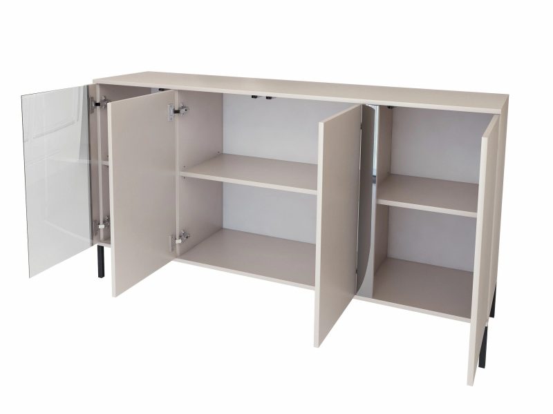 Kommode Galizia 168cm Kaschmir Matt auf schwarzen Beinen mit drei Türen, Vitrine und dekorativem Spiegeleinsatz