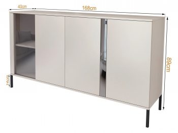 Kommode Galizia 168cm Kaschmir Matt auf schwarzen Beinen mit drei Türen, Vitrine und dekorativem Spiegeleinsatz