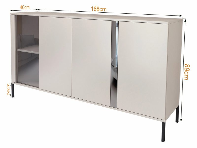 Kommode Galizia 168cm Kaschmir Matt auf schwarzen Beinen mit drei Türen, Vitrine und dekorativem Spiegeleinsatz