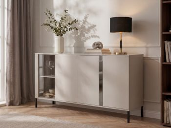 Kommode Galizia 168cm Kaschmir Matt auf schwarzen Beinen mit drei Türen, Vitrine und dekorativem Spiegeleinsatz