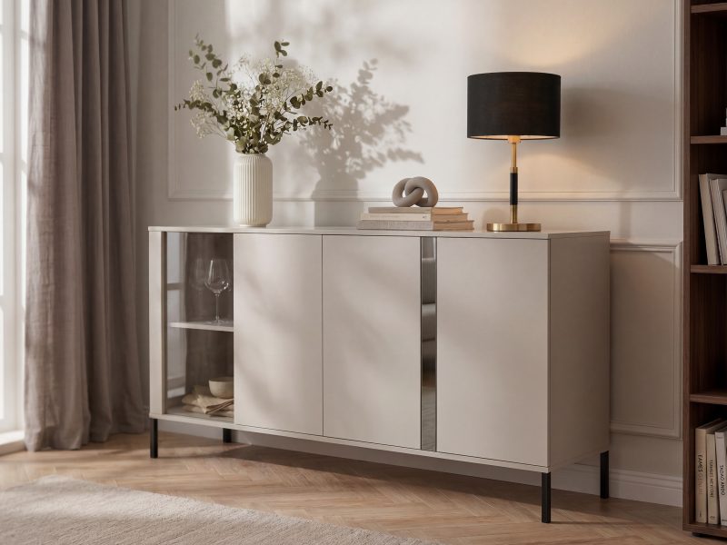 Kommode Galizia 168cm Kaschmir Matt auf schwarzen Beinen mit drei Türen, Vitrine und dekorativem Spiegeleinsatz