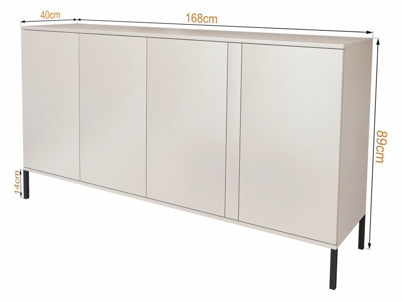 Kommode Galizia 168cm Kaschmir Matt auf schwarzen Beinen mit vier Türen